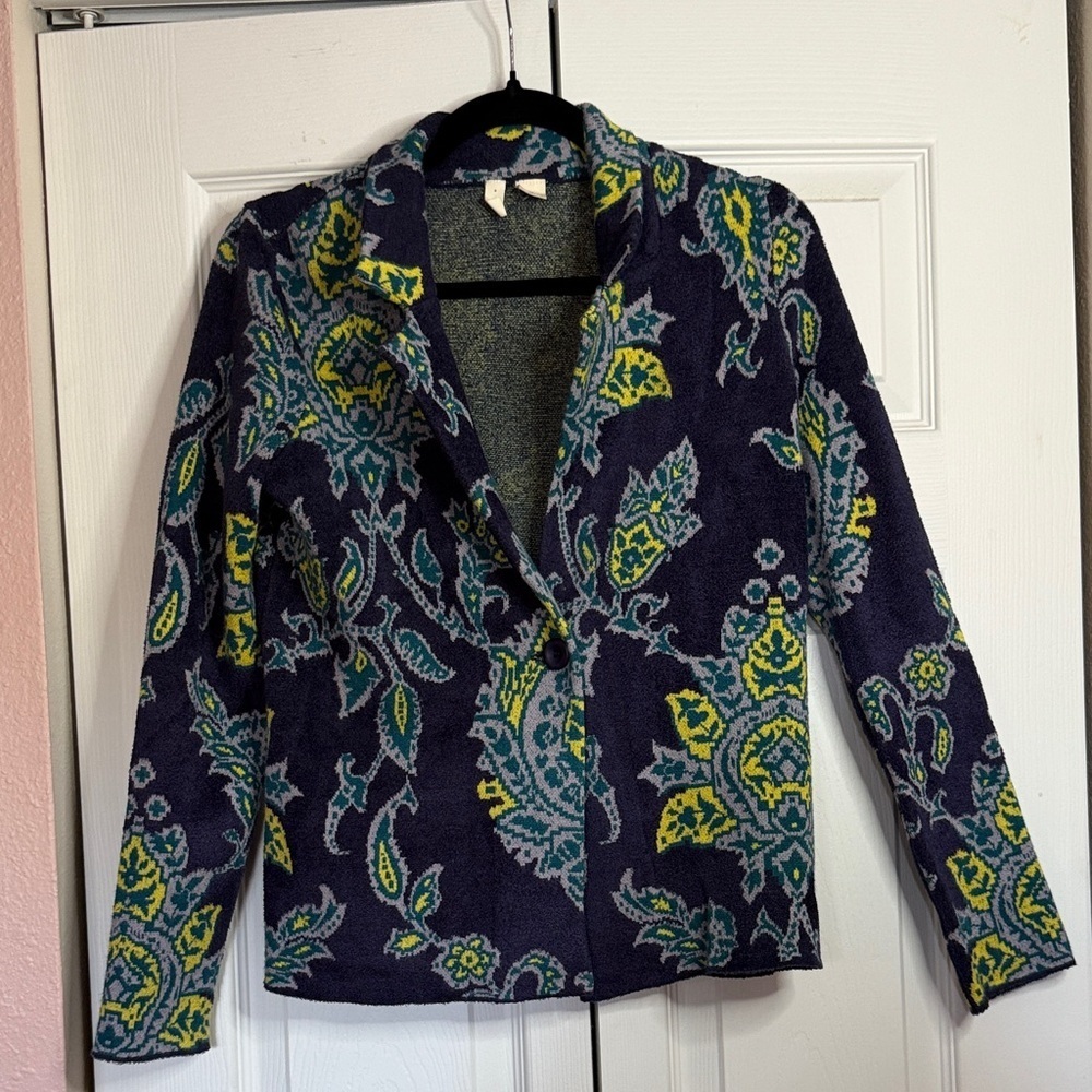 Moth for Anthropologie Navy and Yellow Floral sweater Jacket size XS